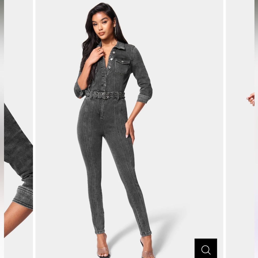 Bebe Button Down Slim Belted Washed Black Denim Jumpsuit